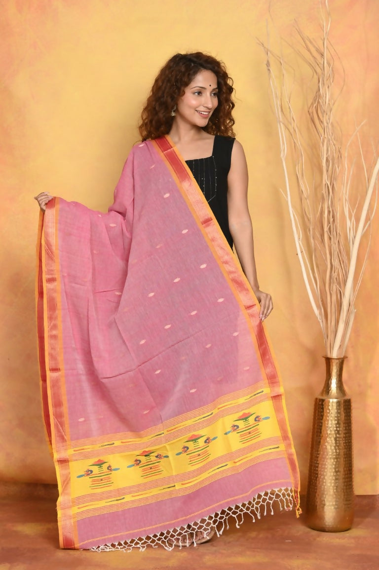 Very Much Indian Handloom Pure Cotton Paithani Dupatta Pink - Distacart