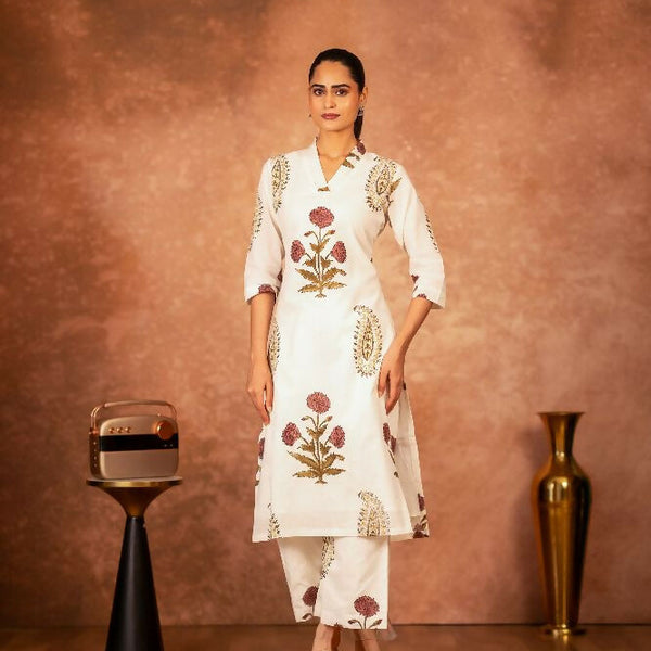 Joban Fashion Off White Red Floral Hand Block Printed Cotton Kurta Pant Set - Distacart
