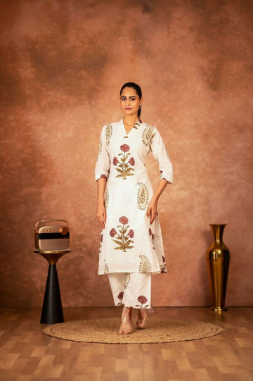Joban Fashion Off White Red Floral Hand Block Printed Cotton Kurta Pant Set - Distacart