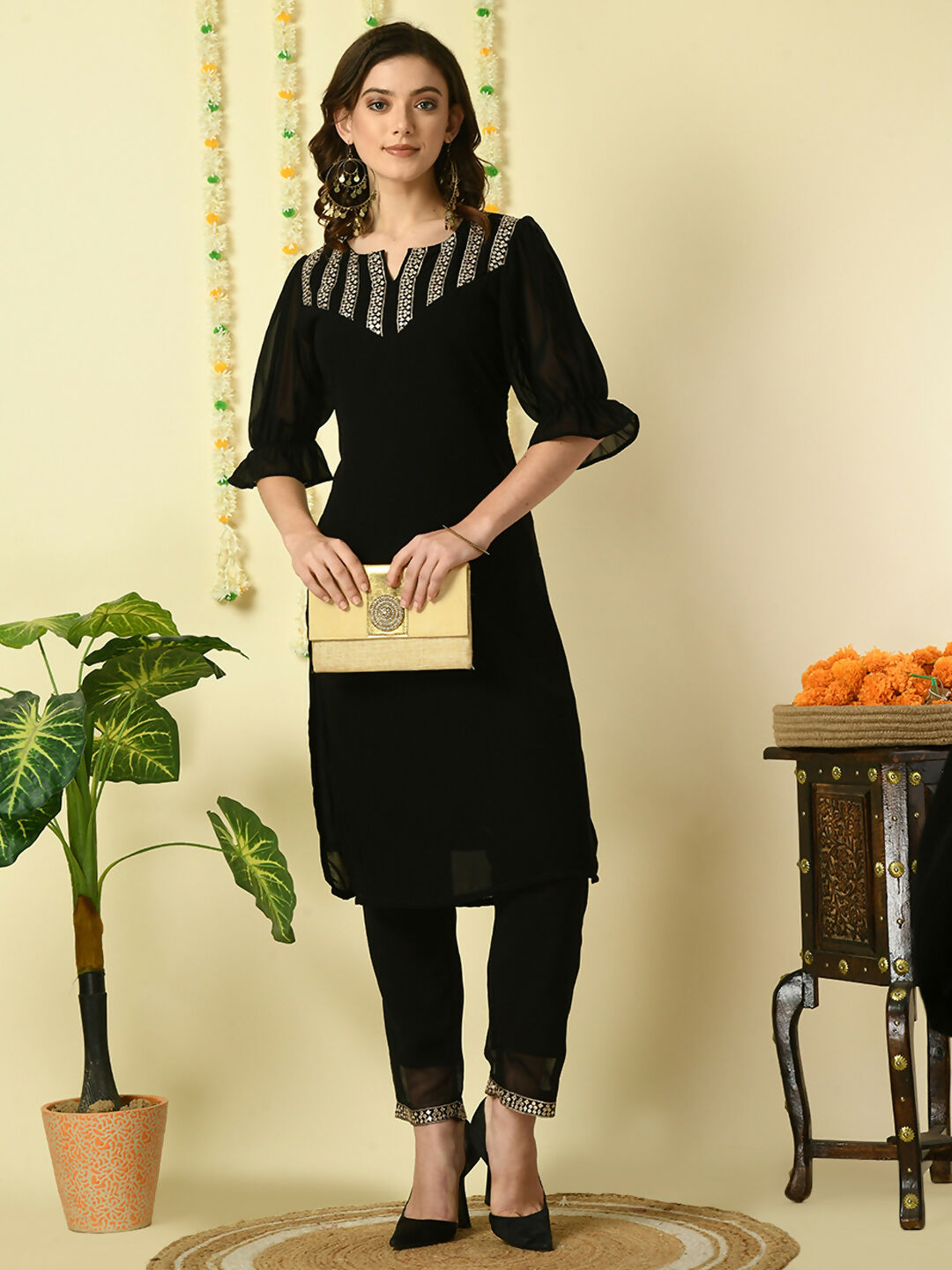 Myshka Women's Black Georgette Kurta With Trousers Party Sets - Distacart