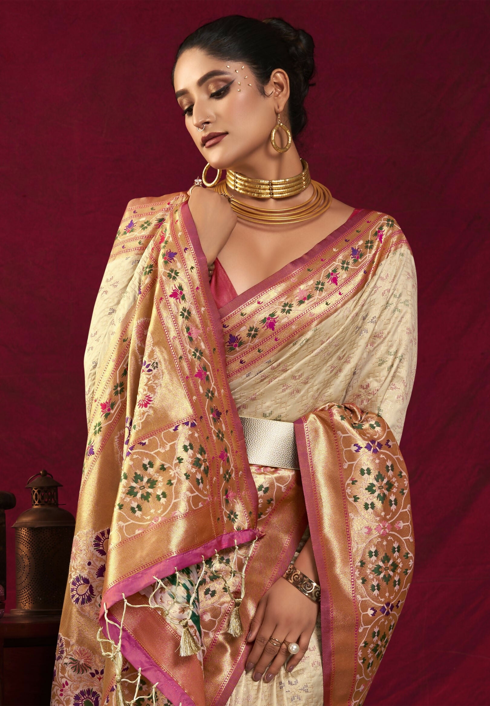 Vishnu Weaves Women's Cream Paithani Silk Saree with Blouse - Distacart