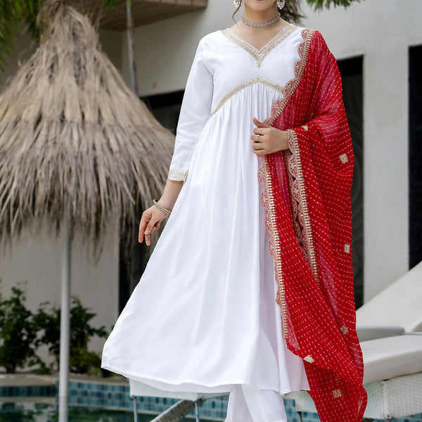 The52 White Women's Gorgeous Embroidered Chanderi Fabric Straight Kurta, Pant and Dupatta Set - Distacart