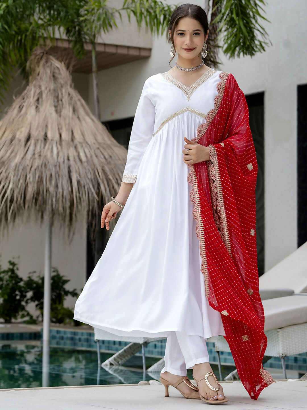 The52 White Women's Gorgeous Embroidered Chanderi Fabric Straight Kurta, Pant and Dupatta Set - Distacart