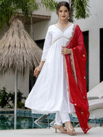Thumbnail for The52 White Women's Gorgeous Embroidered Chanderi Fabric Straight Kurta, Pant and Dupatta Set - Distacart