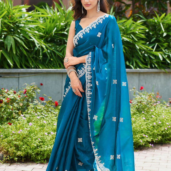 Vastranavya Teal Embroidery Work Shimmer Chiffon Saree with Unstitched Blouse