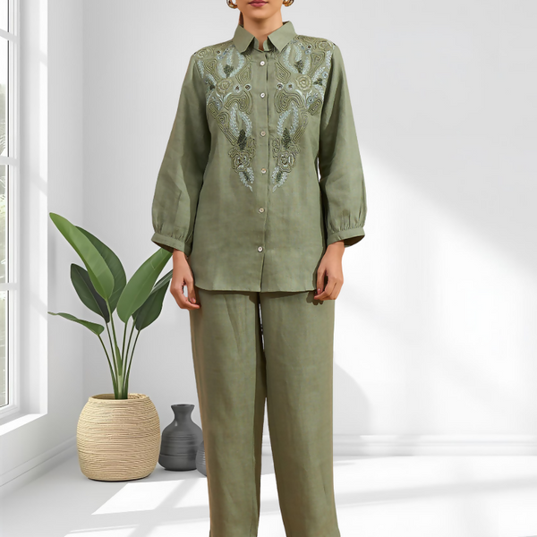 Joban Fashion Pista Green Linen Embroidered Readymade Cord Set - Distacart