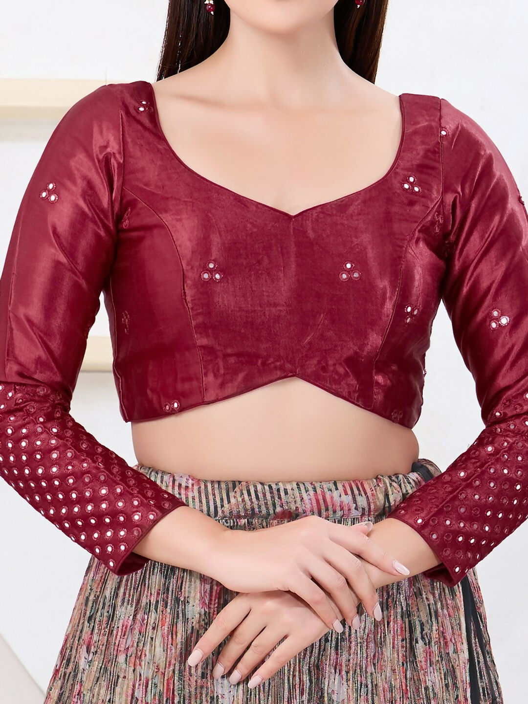 Joban Fashion Maroon Gajji Silk Elbow Sleeveless Back Open Blouse
