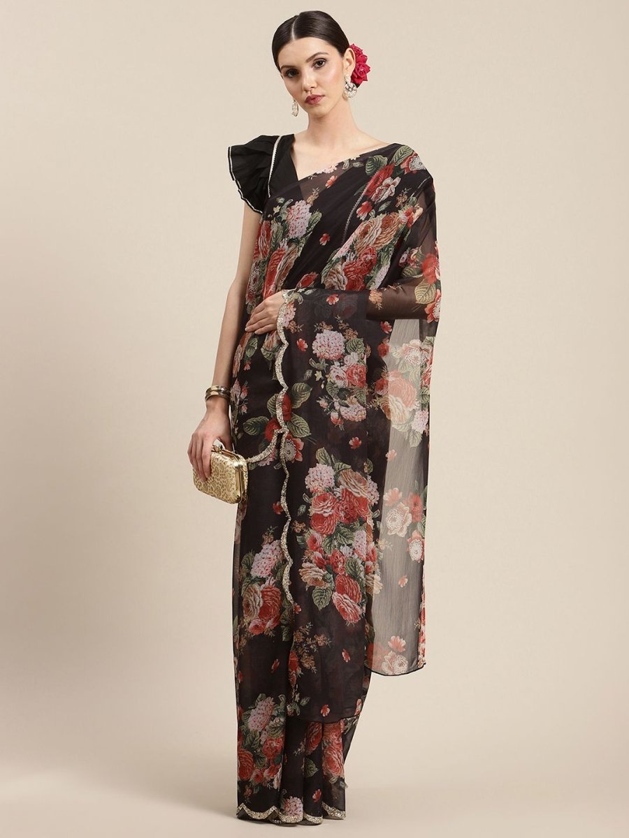 Ahalyaa Women's Black Chiffon Digital Print Floral Saree - Distacart