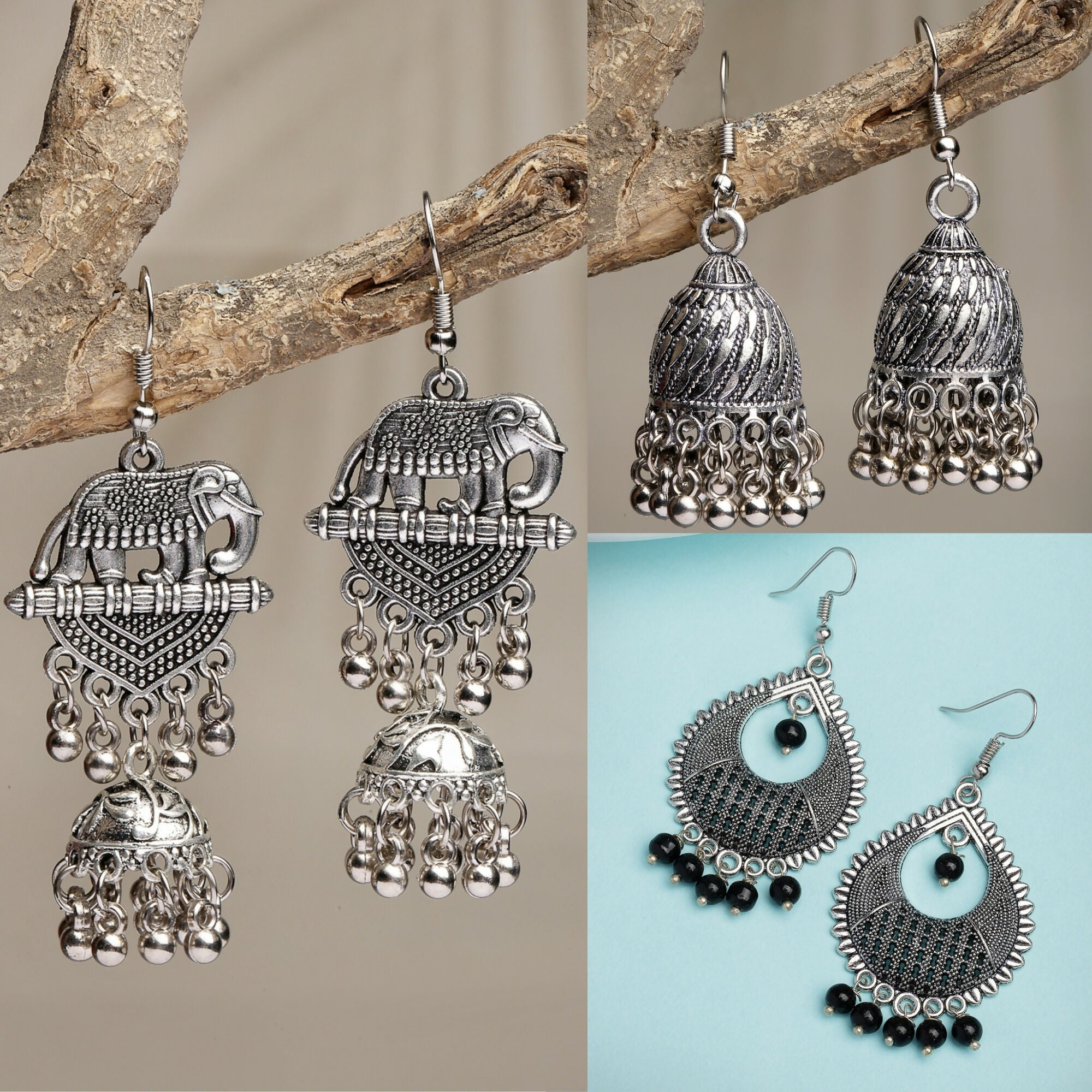 NVR Women's Set of 3 Silver-Toned German Silver Oxidised Dome Shaped Jhumka Earrings - Distacart