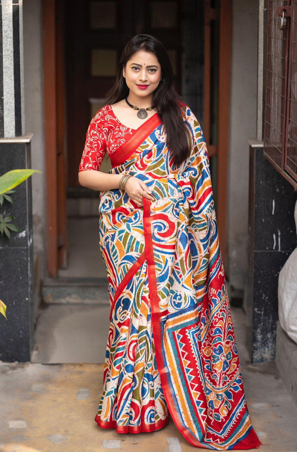 Red Cotton Crepe Batik Print Saree with Unstitched Blouse - Hiral Fashion - Distacart