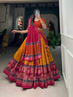 Thumbnail for Vastranavya Floral Print With Foil Print Tussar Silk Lehenga with Unstitched Blouse - Mustard - Distacart