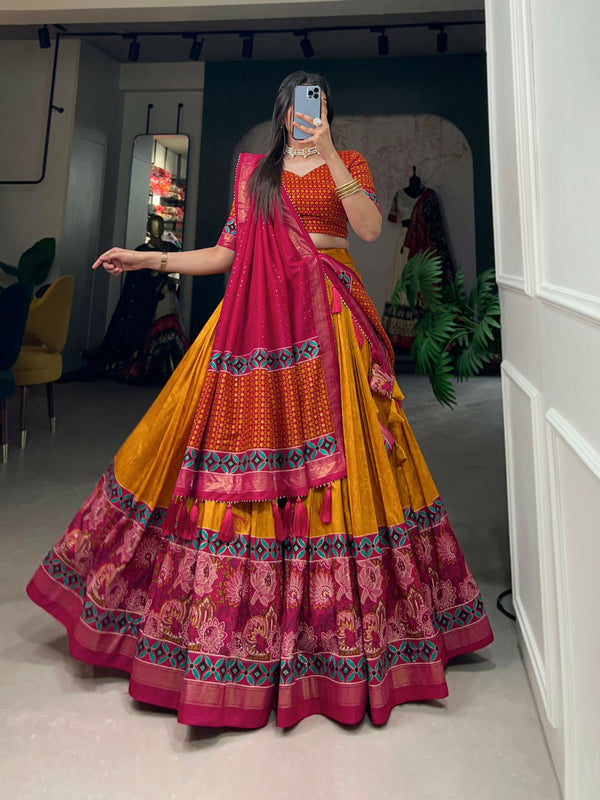 Vastranavya Floral Print With Foil Print Tussar Silk Lehenga with Unstitched Blouse - Mustard - Distacart
