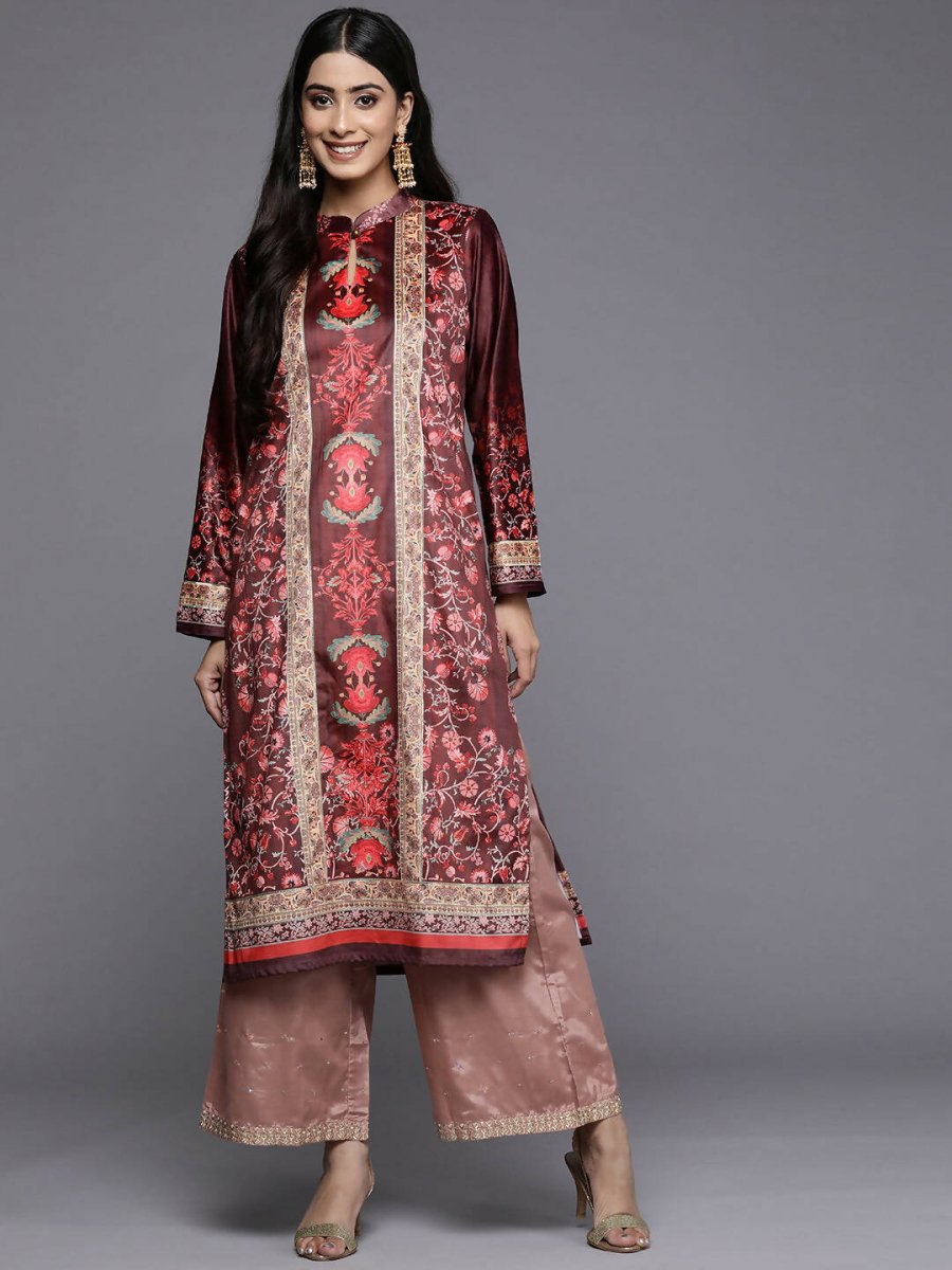 Ahalyaa Women Burgundy & Golden Floral Printed Gotta Patti Floral Velvet Kurta - Distacart