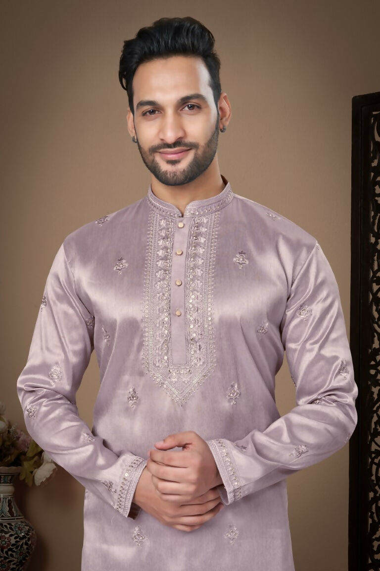Functional Designer Men's Light Purple Heavy Super Silk Kurta With Pant - Rudra - Distacart