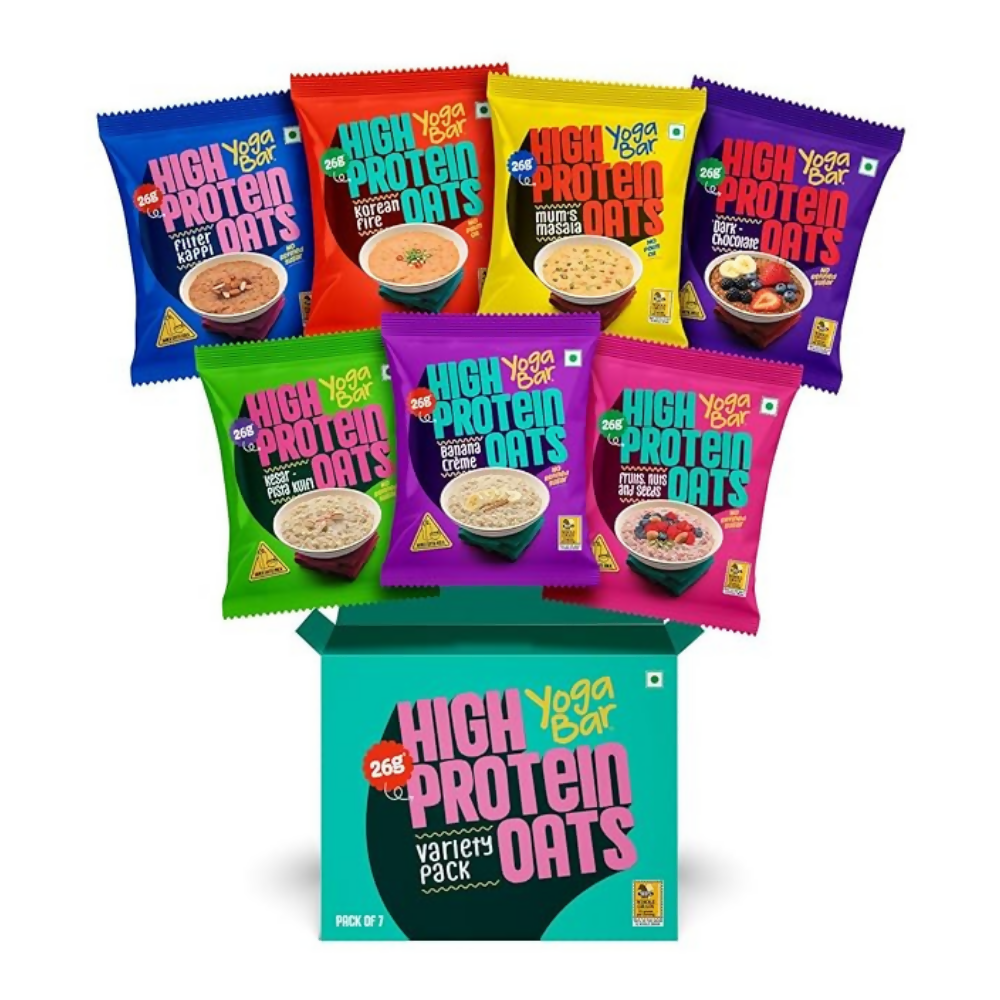 Yoga Bar High Protein Oats - Combo Flavors: Korean Fire, Mum's Masala, Dark Chocolate, Fruit Nuts Seeds, Kesar Pista Kulfi, Banana Creme, Filter Kappi