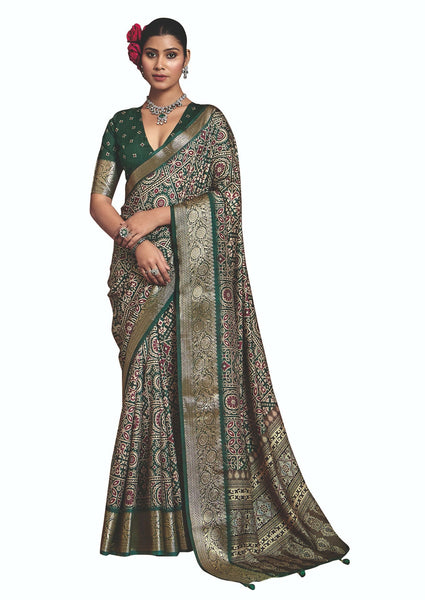 Joban Fashion Green Art Silk With Fine Viscose Border Ajrak Full Body Print With Soft Finish Saree