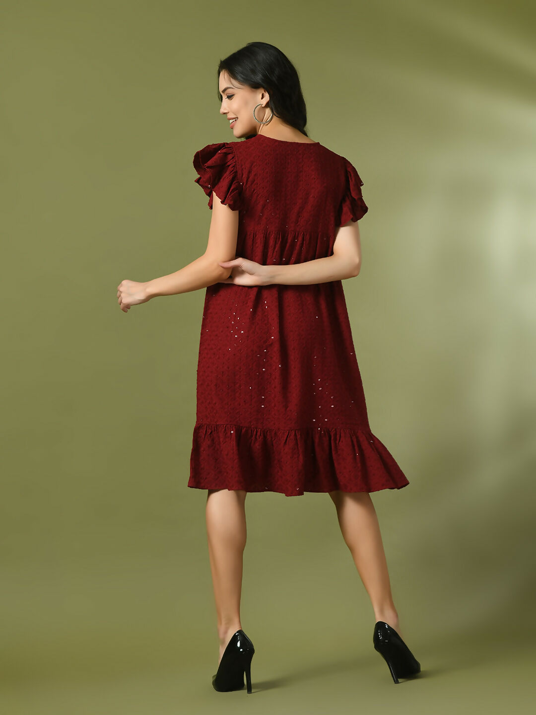 Myshka Women's Maroon Embroidered Cotton Round Neck A-Line Party Dress - Distacart