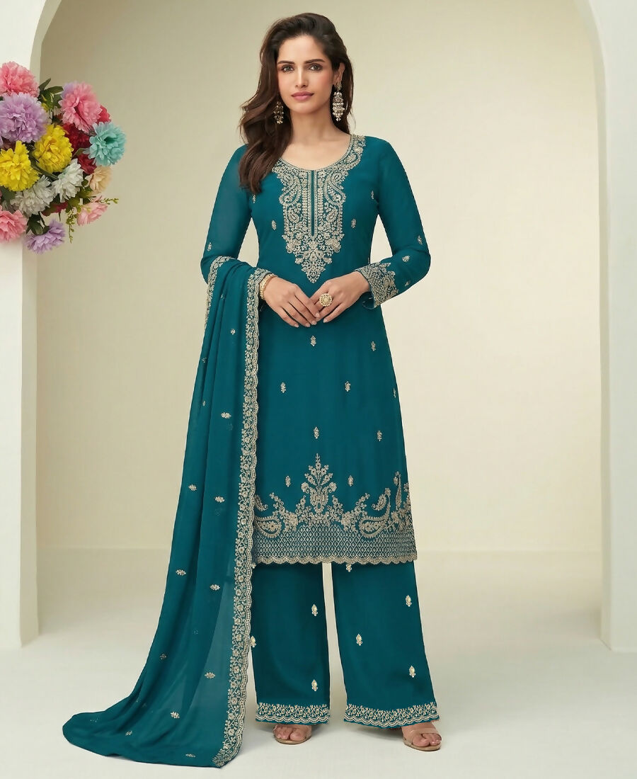 KC Aqua Blue Georgette Heavy Embroidered Fancy Suit For Women - Dista