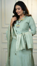 Thumbnail for Preksha Creation Premium C Green Roman Silk Hand Work Kurti Pant Dupatta Set