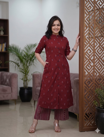 Teeya Creation Elegant Red Cotton Kurta Set Featuring Button Detail And Printed Palazzos - Dista