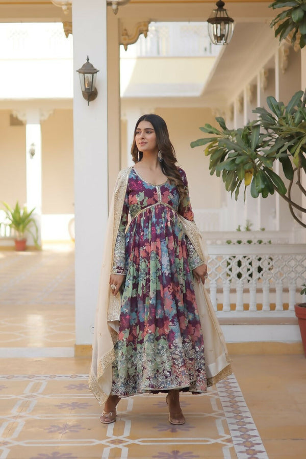 Jyoti Fashion Women's Wine Russian Silk Sequins Zari Embroideredy Anarkali Dress with Dupatta - Distacart