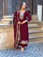 Thumbnail for Divine Drape Women's Vichitra Silk Embroidered Straight Kurta Pant With Dupatta - Wine