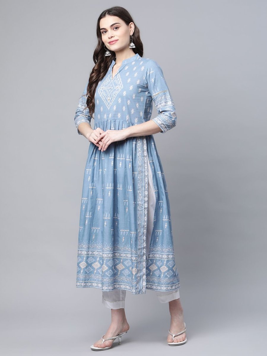 Ahalyaa Women Pastel Blue Pure Cotton Printed Kurta Pant Set With Dupatta
