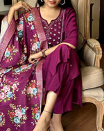 Thumbnail for The52 Wine Women's Gorgeous Embroidered Rayon Fabric Straight Kurta Pant with Dupatta Set - Distacart