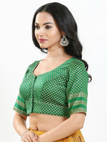Thumbnail for Joban Fashion Green Brocade Padded Blouse With Round Neck Elbow Sleeves - Distacart