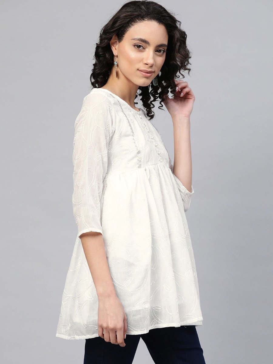 Ahalyaa Women Off-White Cotton Embroidered Tunic