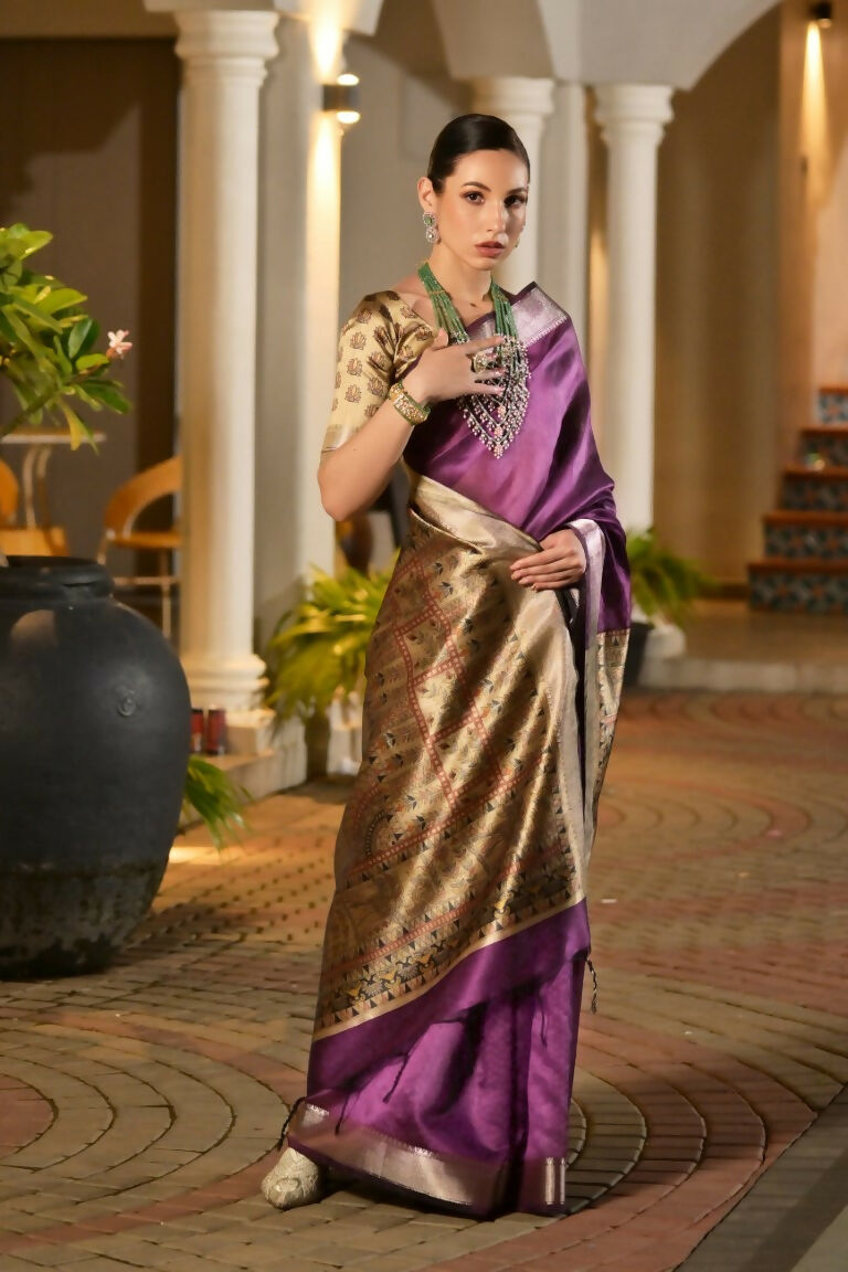 Vishnu Weaves Women's Wine Soft Tussar Silk Printed Saree with Blouse