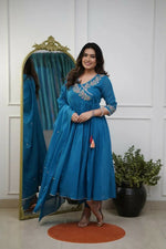 Thumbnail for The52 Petrol Women's Beautiful Parampara Fabric Embroidered Work Flared Kurta Pant and Dupatta Set - Distacart
