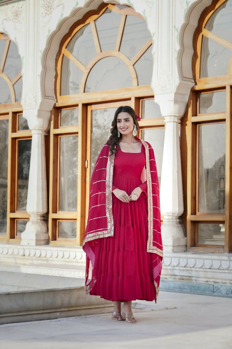 Aastha Fashion Women's Rani Pink Faux Georgette 5 Layer Frill Work Anarkali Dress with Dupatta - Distacart
