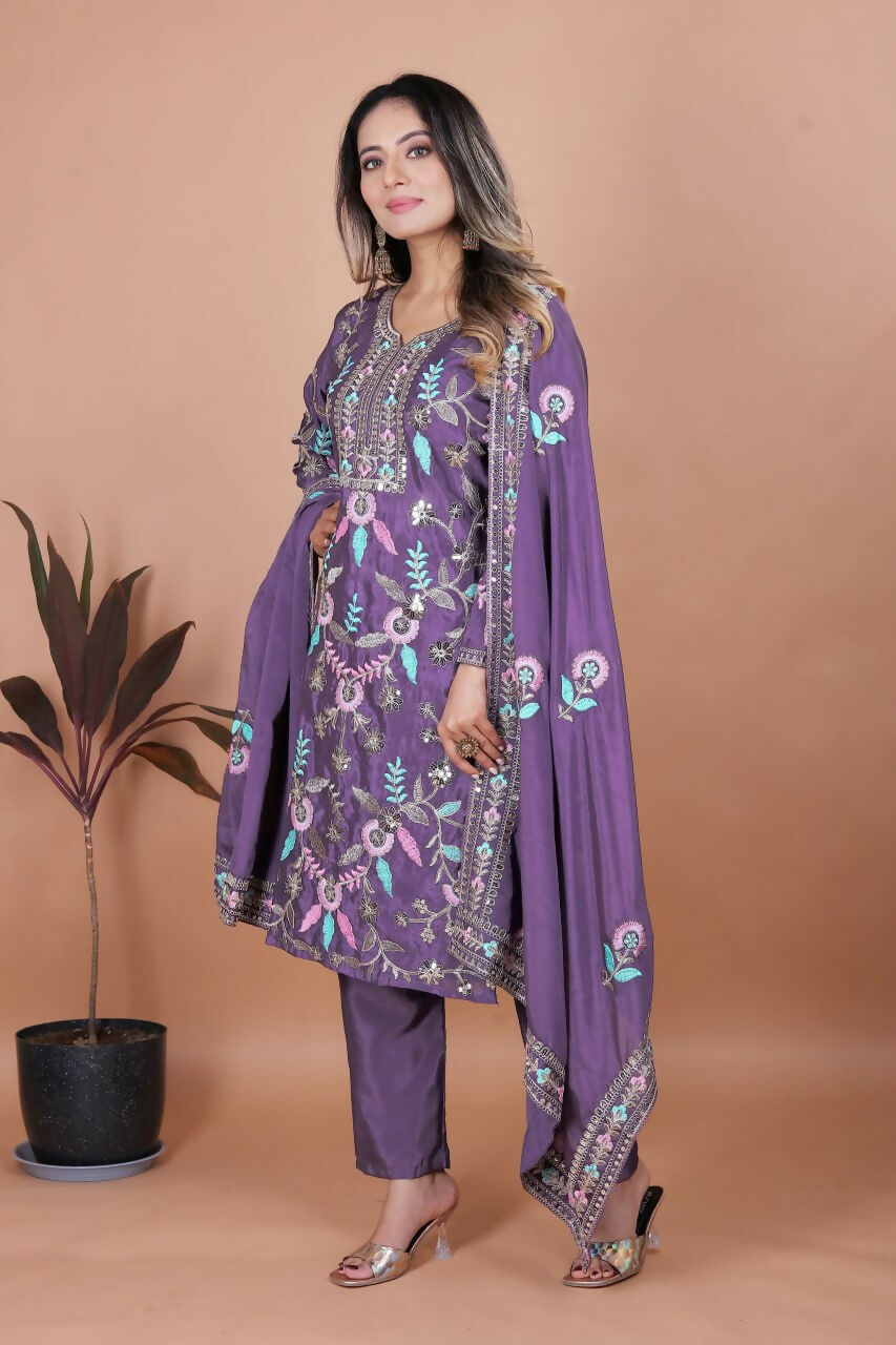 Teeya Creation Lavender Chinon Embroidery Work Party Wear Salwar Suit - Distacart