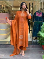 Thumbnail for The52 Orange Women's Gorgeous Chanderi Fabric Embroidered Work Straight Kurta Pant and Dupatta Set - Distacart