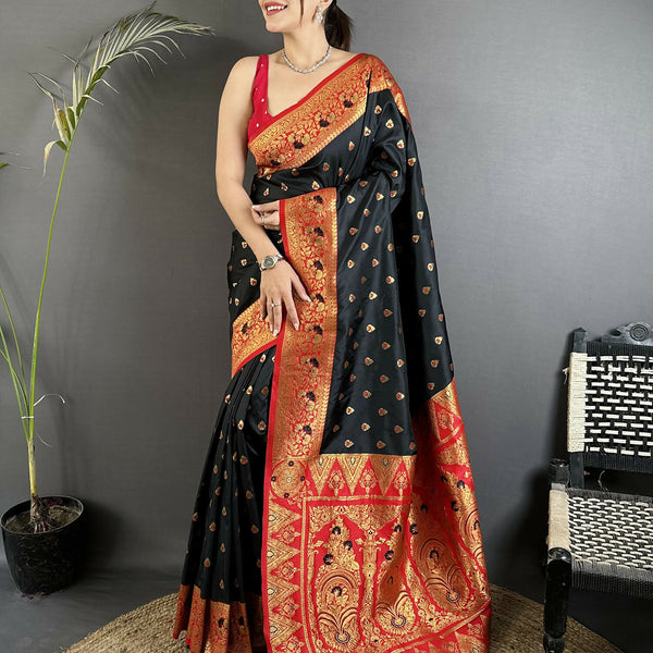 Joban Fashion Black Intricate Motifs Soft Silk Banarasi Saree - Dista