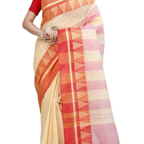 Exclusive Collection White Red 100% Pure Cotton Tant Saree