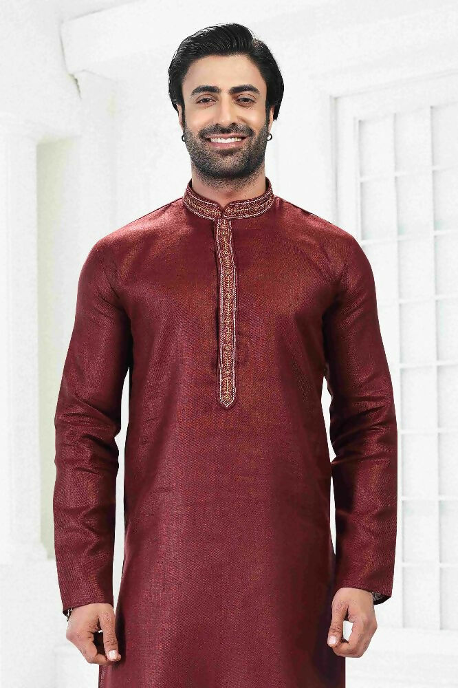 Raivat Ethnic Linen Cotton Thread Work Kurta Pajama In Maroon Colour - Dista