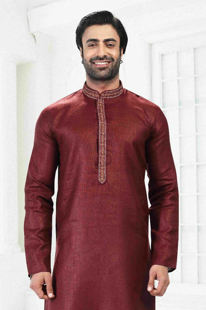 Raivat Ethnic Linen Cotton Thread Work Kurta Pajama In Maroon Colour - Dista