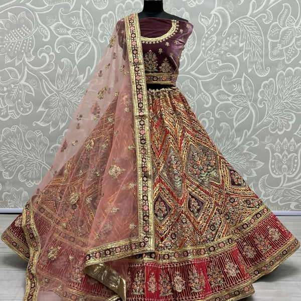 Jyoti Fashion Women's Purple Velvet Golden Gotta, Multi Thread Embroidered with Diamond Work Wedding Lehenga Choli - Distacart