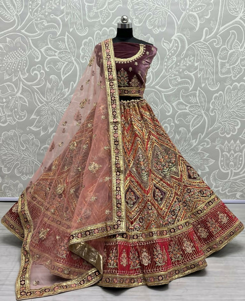 Jyoti Fashion Women's Purple Velvet Golden Gotta, Multi Thread Embroidered with Diamond Work Wedding Lehenga Choli - Distacart