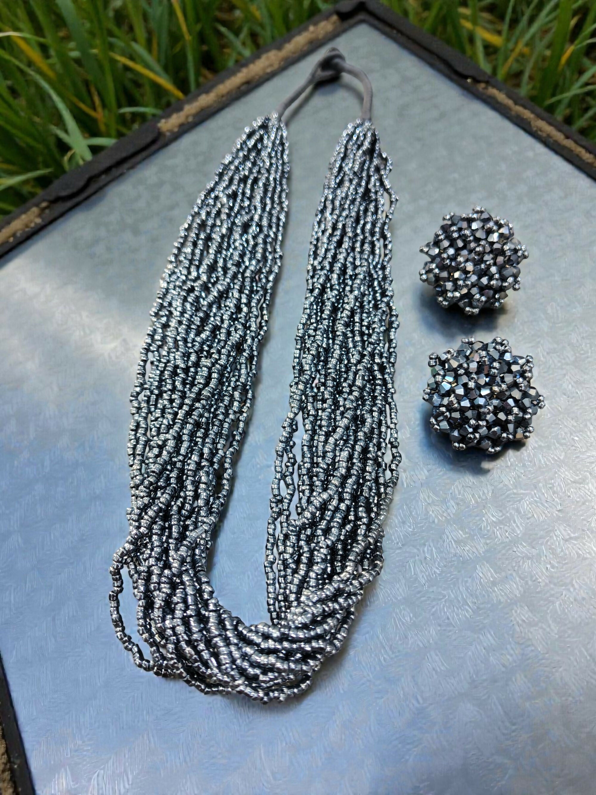 Inhanns Vibrant Handmade 20 Layers Beaded Necklace With Matching Earrings - Navy Blue - Distacart