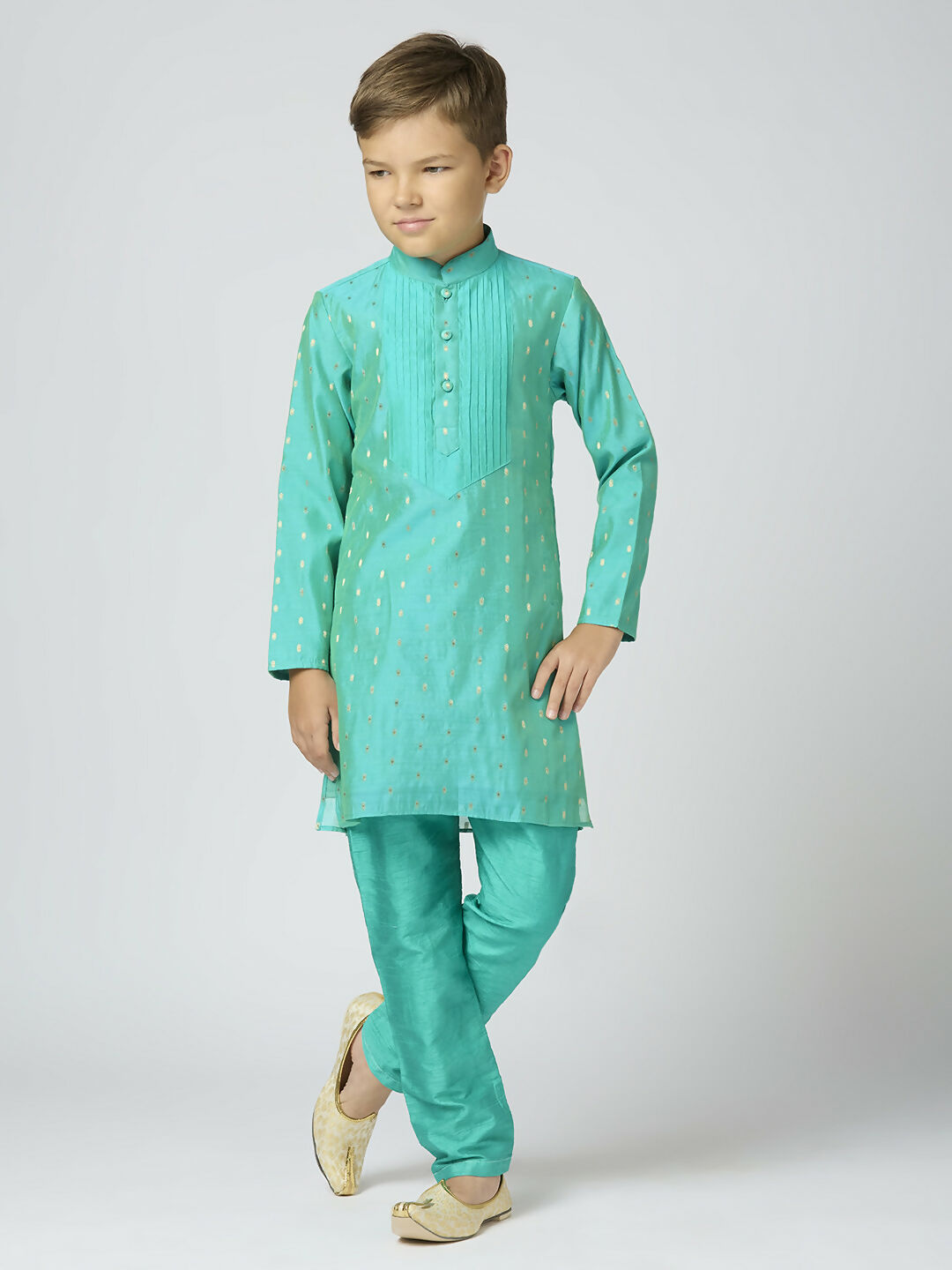 Joban Fashion Kids Island Full Sleeves Chanderi Kurta, Pyjama Set with Traditional Butta Work - Sea Green - Distacart