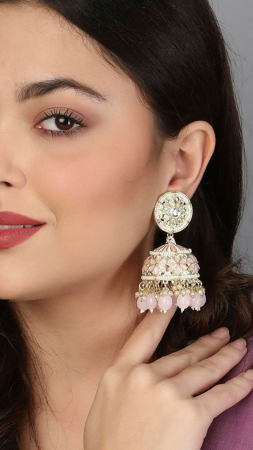 Meenakari Pink Jhumka Earrings By House of Ree - Distacart