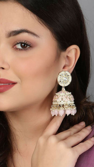 Meenakari Pink Jhumka Earrings By House of Ree