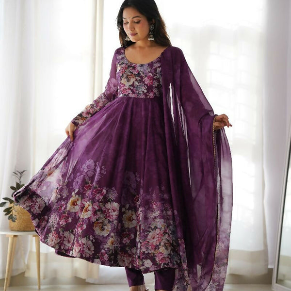 Joban Fashion Wine Kurta Set Organza Sequin Embroidery Work - Distacart