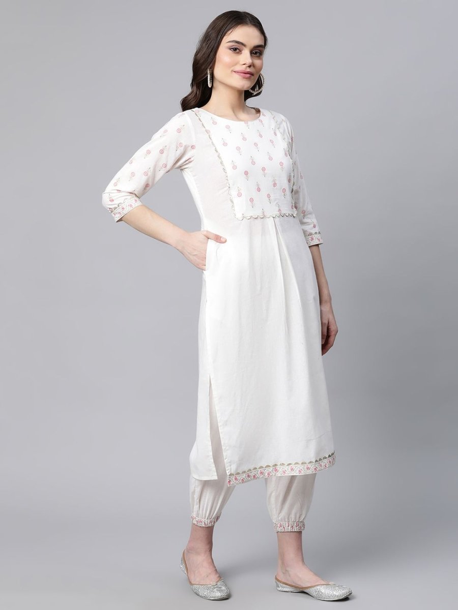 Ahalyaa Women Offwhite Pure Cotton Printed Floral Kurta With Trousers - Distacart