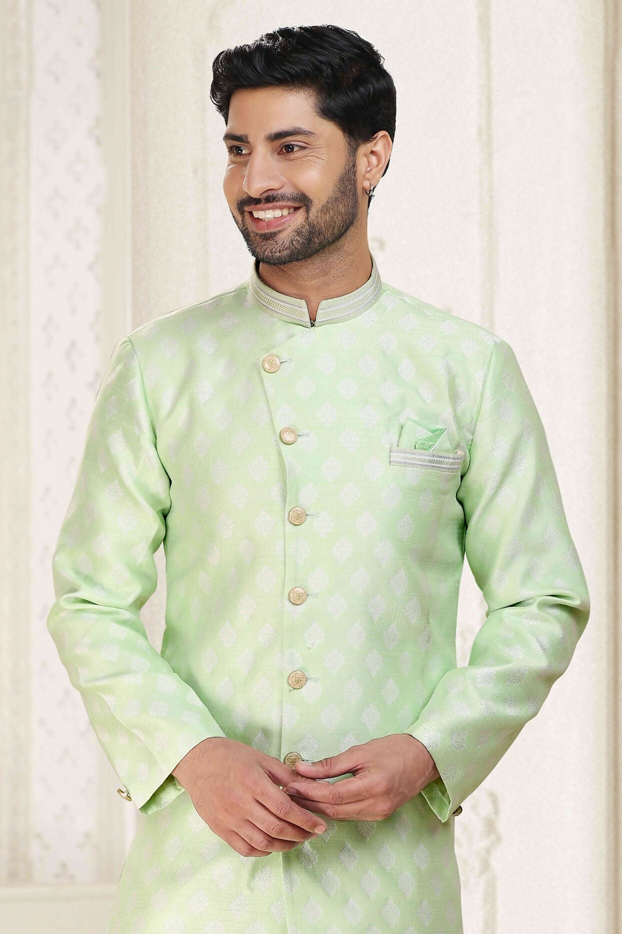 Raivat Ethnic Banarasi Jacquard Embroidery Semi Indo Western Sherwani In Pista Green Colour