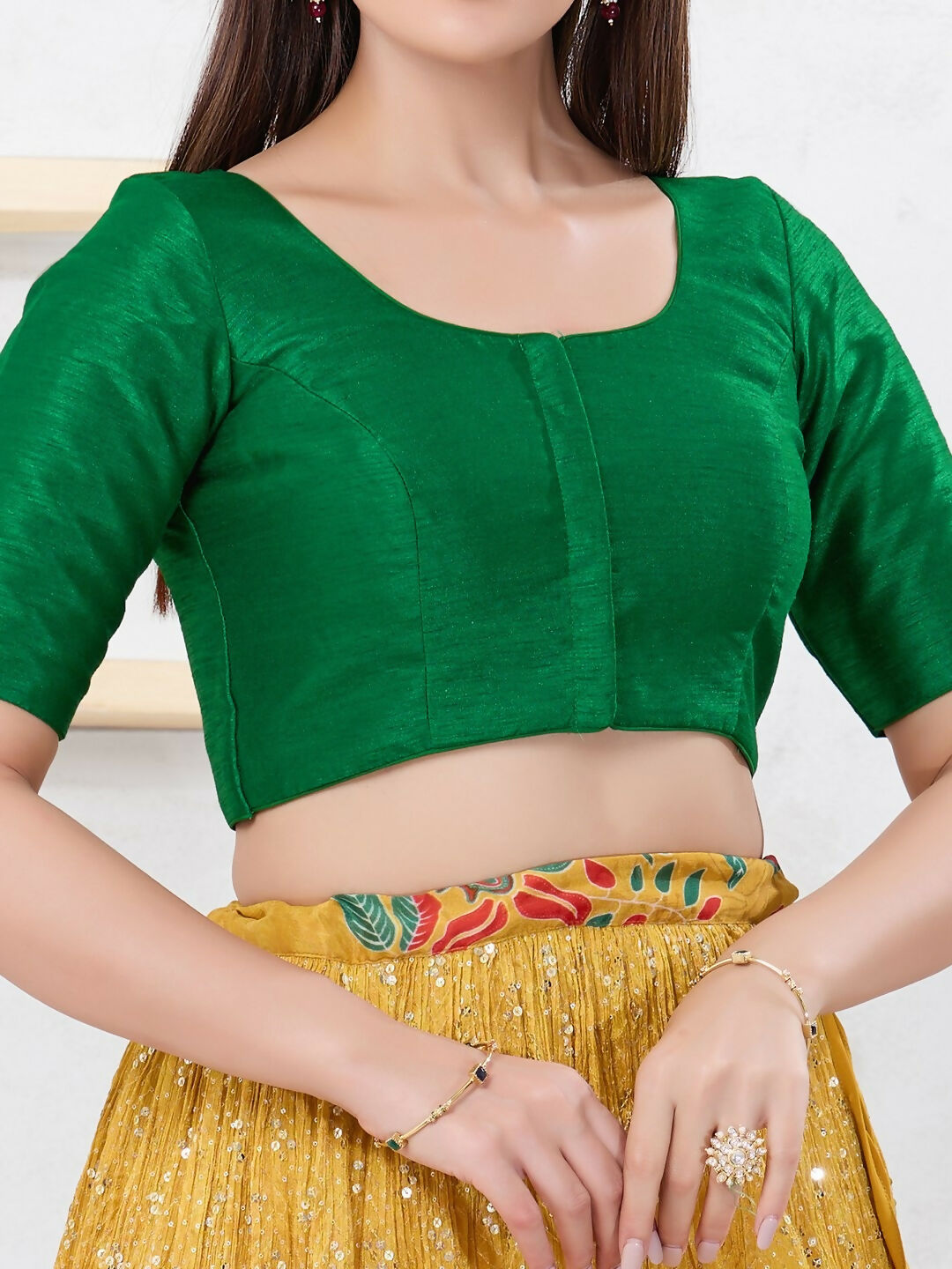 Joban Fashion Green Dupion Silk Elbow Sleeveless Front Open Blouse