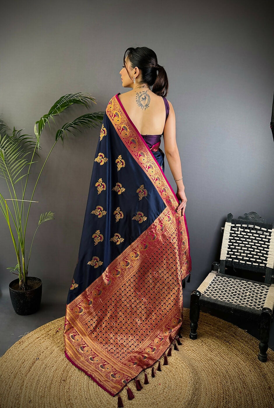 Joban Fashion Banarasi Navy Blue Woven Soft Silk Saree